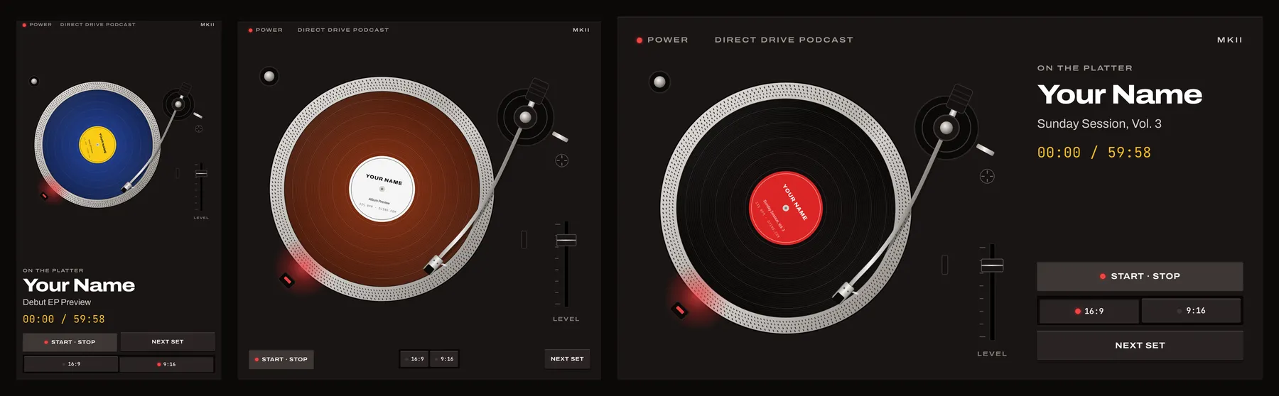 The DJing.com turntable deck in three frames: 9:16 with blue vinyl for an EP preview, square with brown vinyl for an album preview, and 16:9 with black vinyl for a DJ set