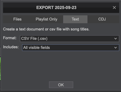 VirtualDJ export dialog with CSV selected